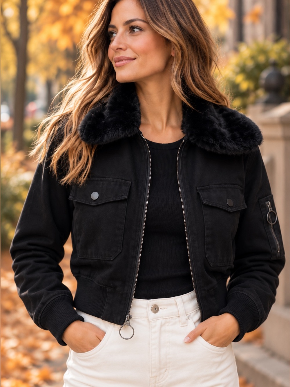 All Saints Black Bomber Jean Jacket with Faux Fur Lining & Collar XS North Denim